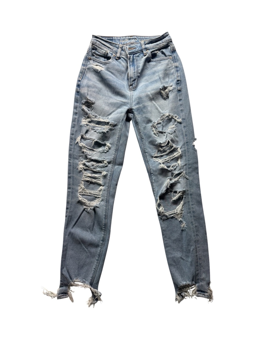 American Eagle Size 00 Super Distressed Ripped Skinny Jeans Light Wash Raw Hem